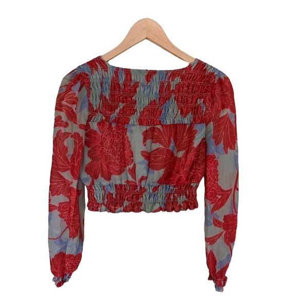 ANTHROPOLOGIE Red Carter Long Sleeve Plunge Neck Floral Print Crop Top Size XS - Picture 2 of 8